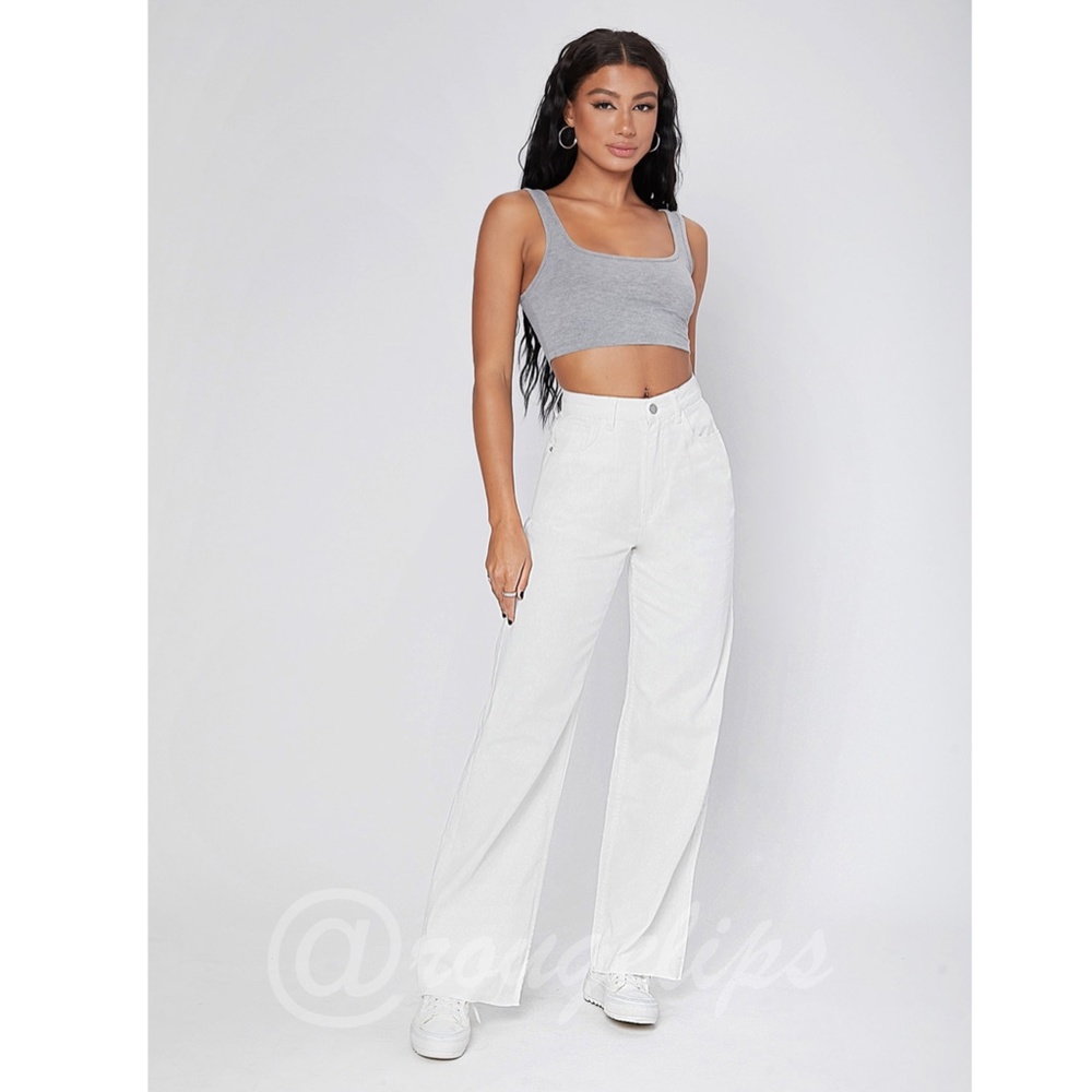 90s Style White Wide Leg Jeans High Waist Raw Hem - Picture 4 of 15